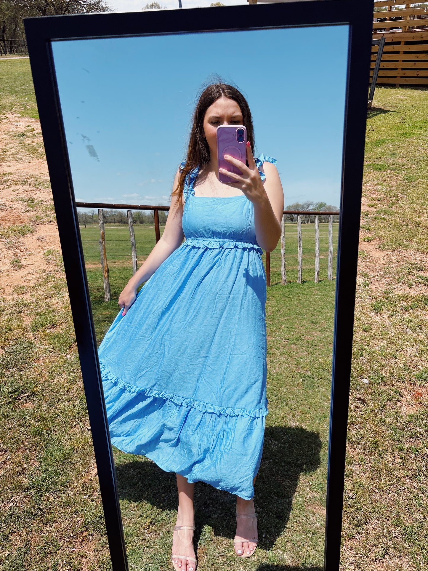 RUFFLE DETAIL EMPIRE WAIST SLEEVELESS MIDI DRESS