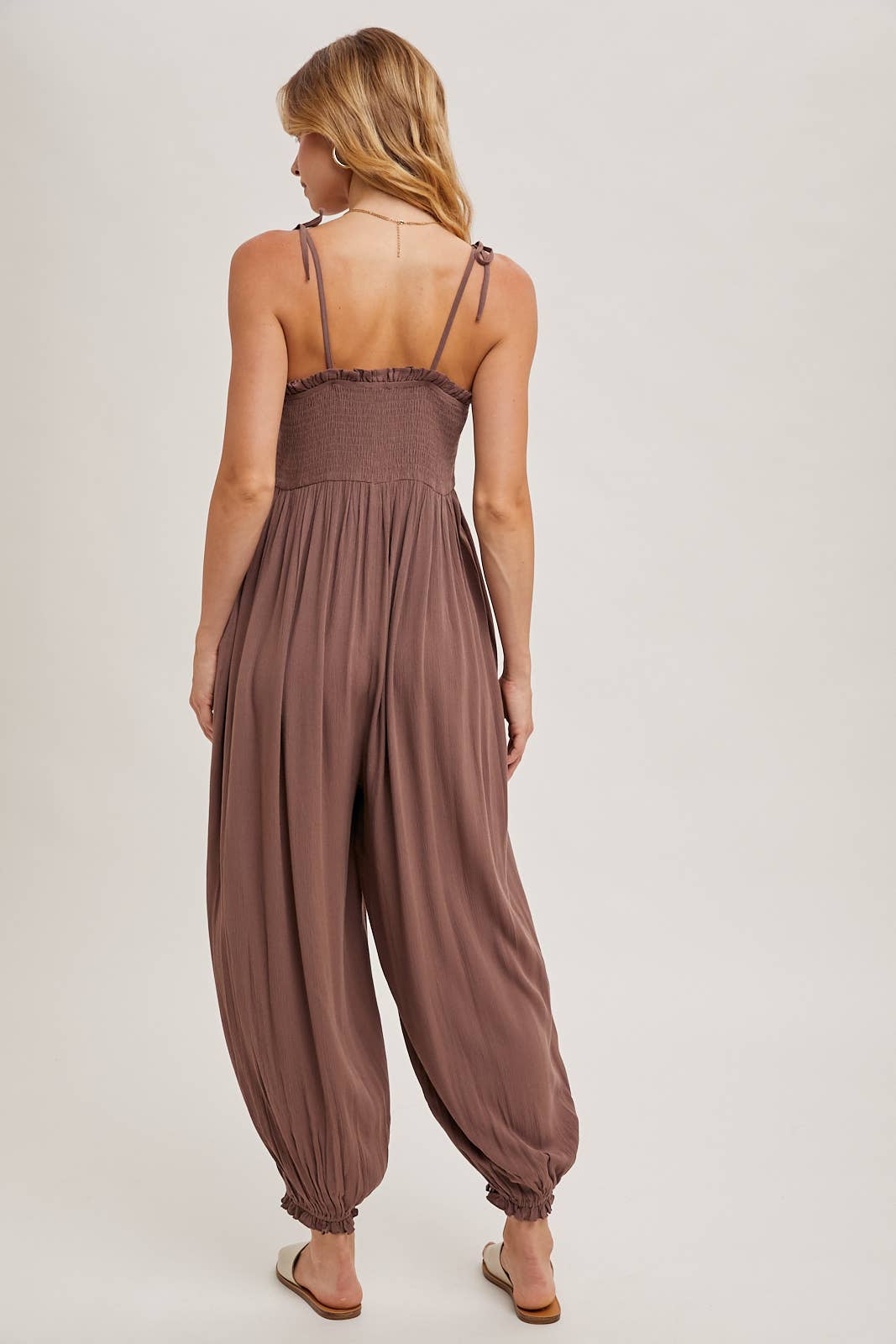 SMOCKED BUTTON FRONT JUMPSUIT