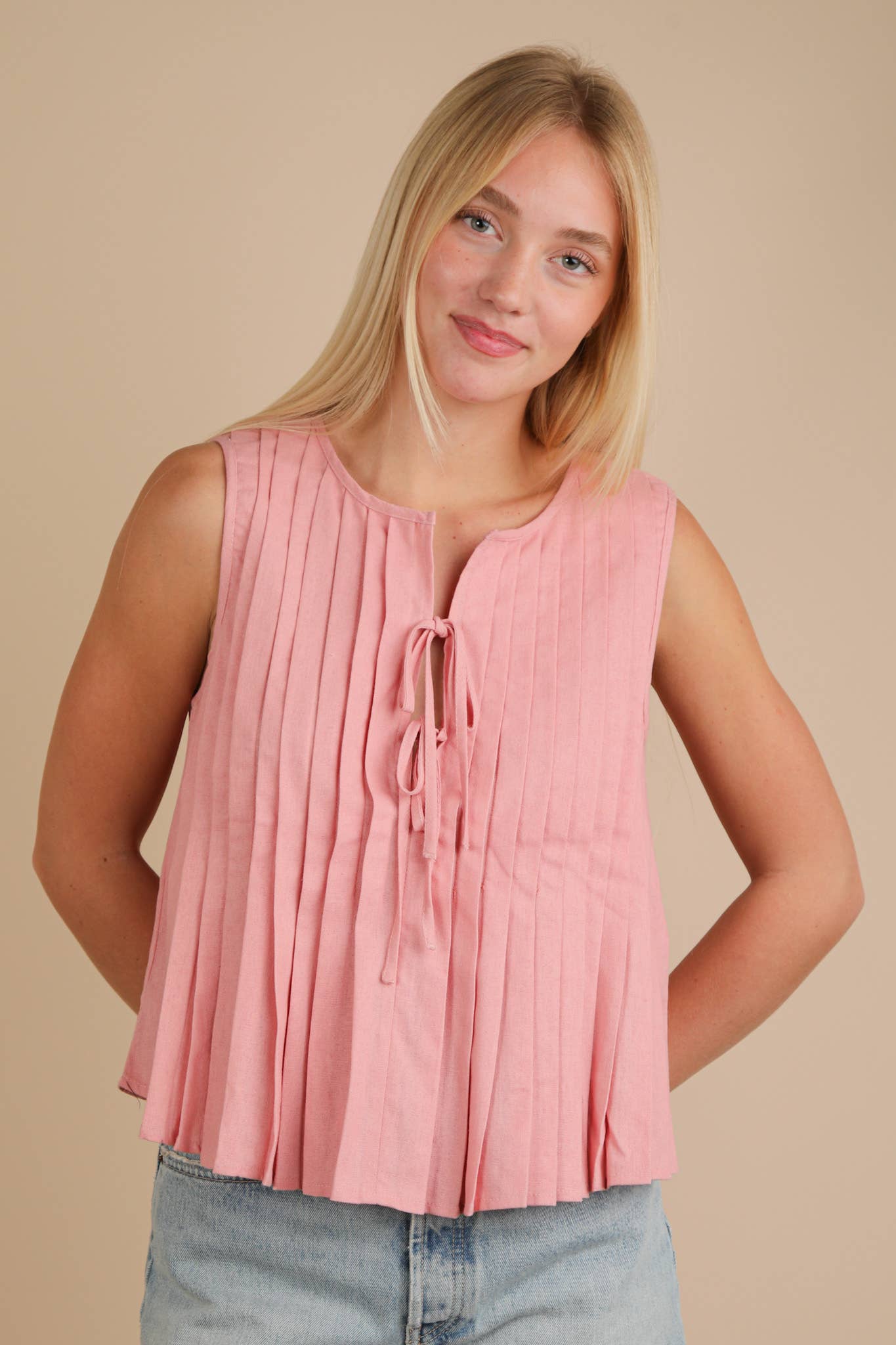 Pleated Bow Tie Blouse