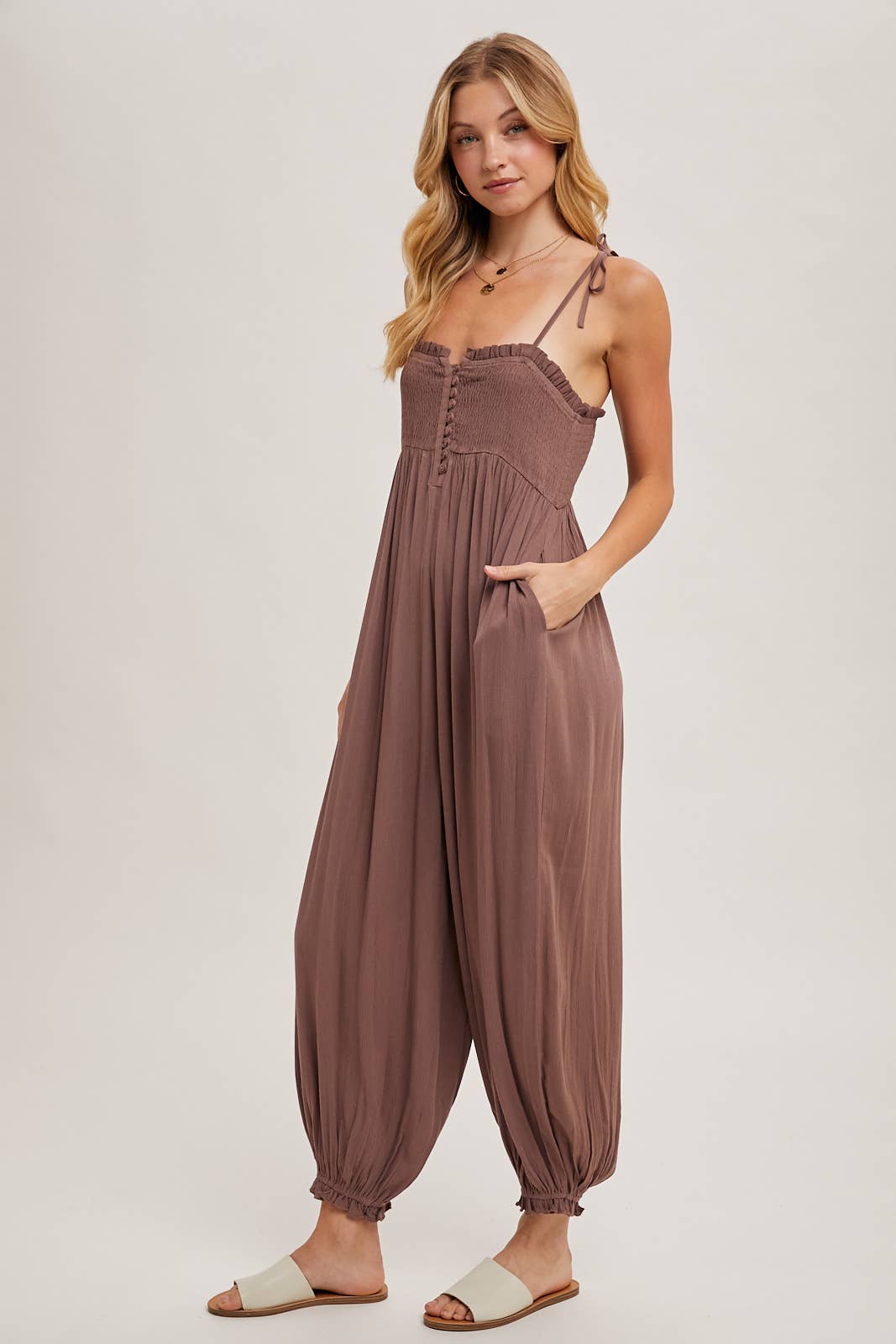 SMOCKED BUTTON FRONT JUMPSUIT
