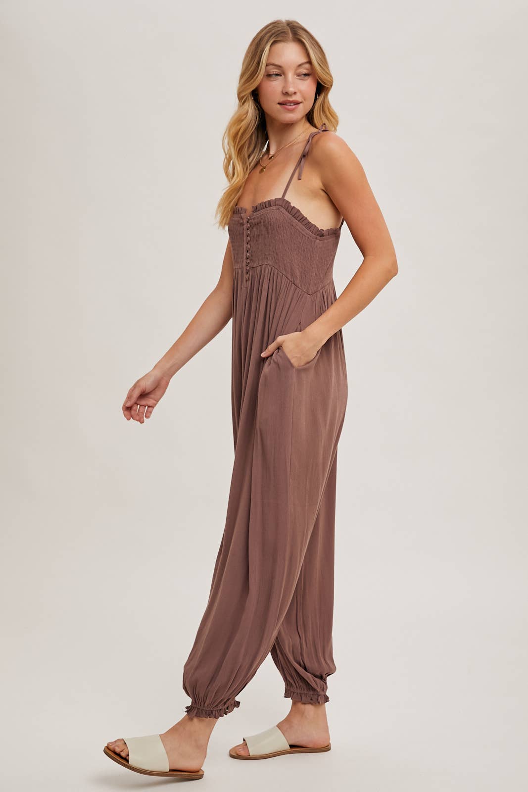 SMOCKED BUTTON FRONT JUMPSUIT