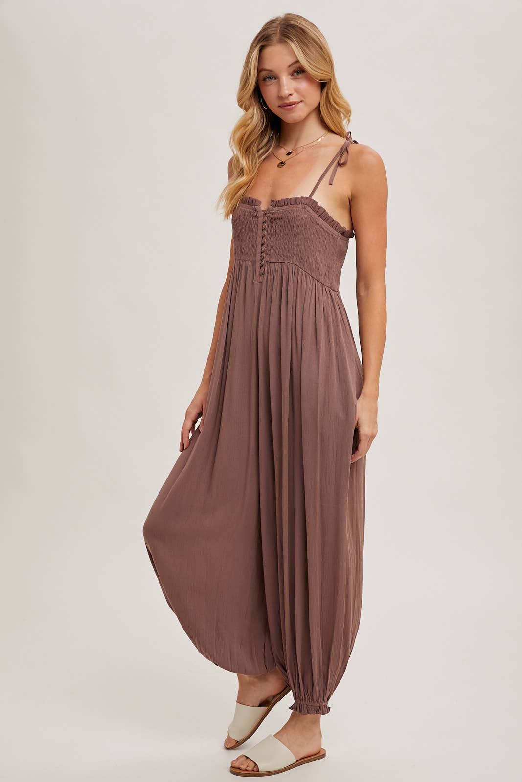 SMOCKED BUTTON FRONT JUMPSUIT