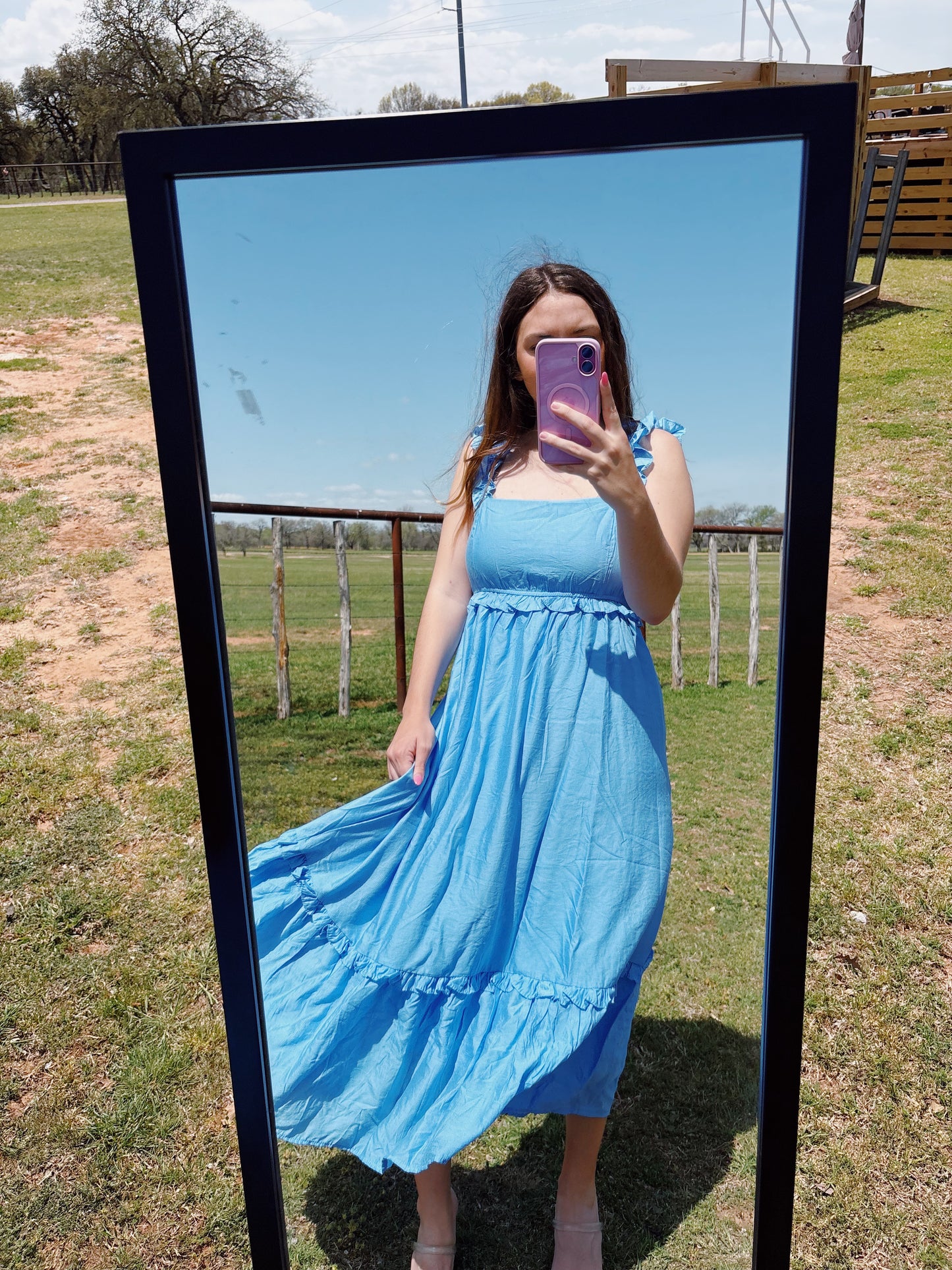 RUFFLE DETAIL EMPIRE WAIST SLEEVELESS MIDI DRESS