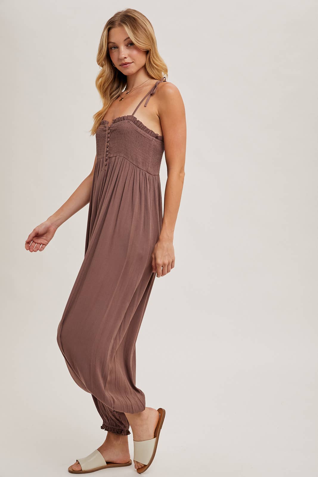 SMOCKED BUTTON FRONT JUMPSUIT