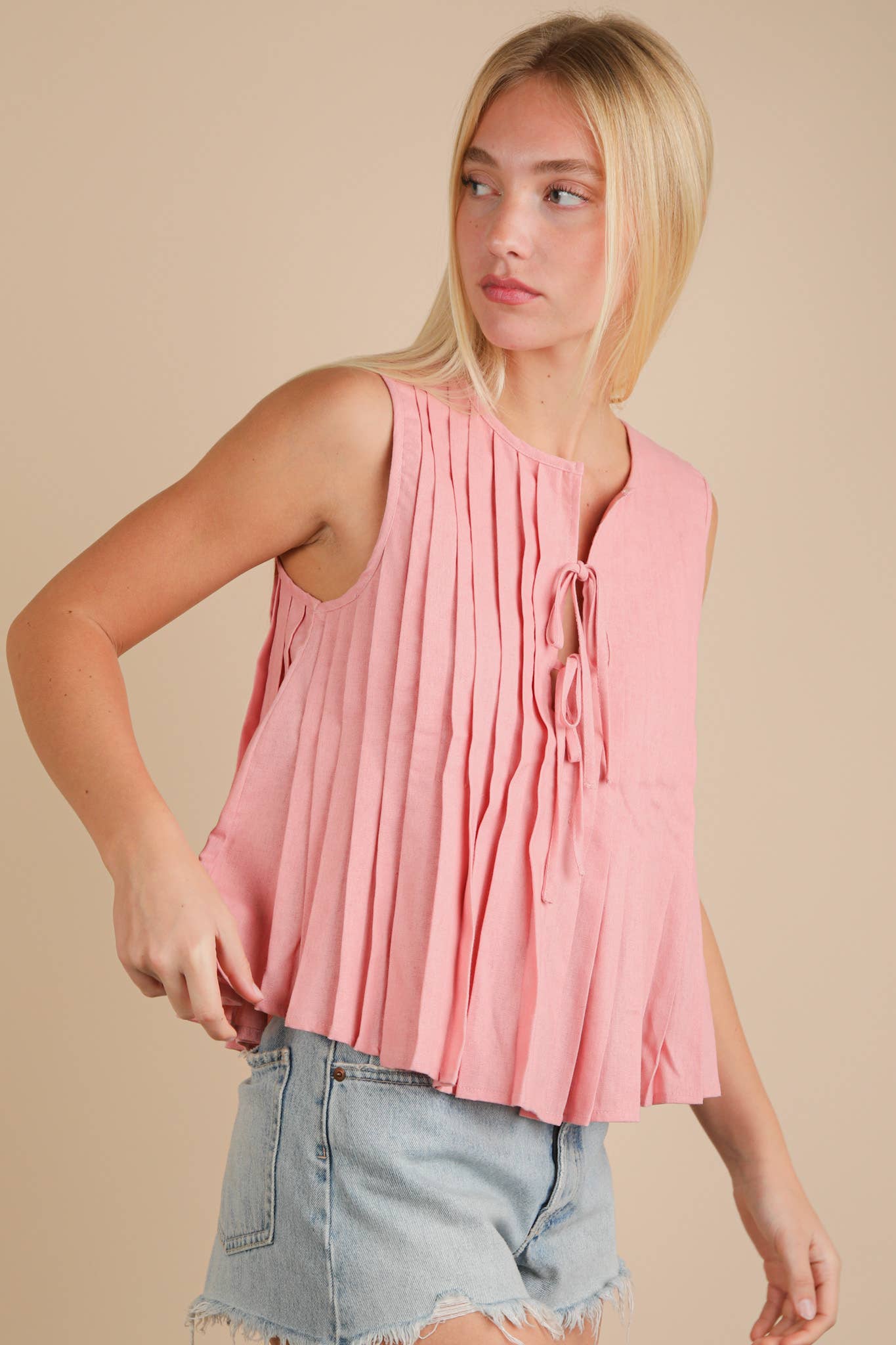Pleated Bow Tie Blouse
