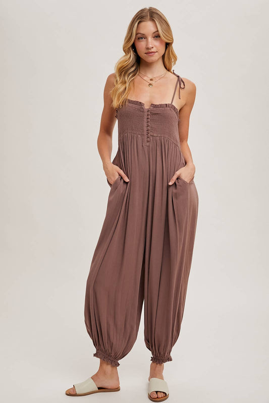 SMOCKED BUTTON FRONT JUMPSUIT