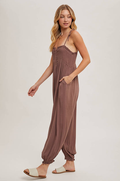 SMOCKED BUTTON FRONT JUMPSUIT