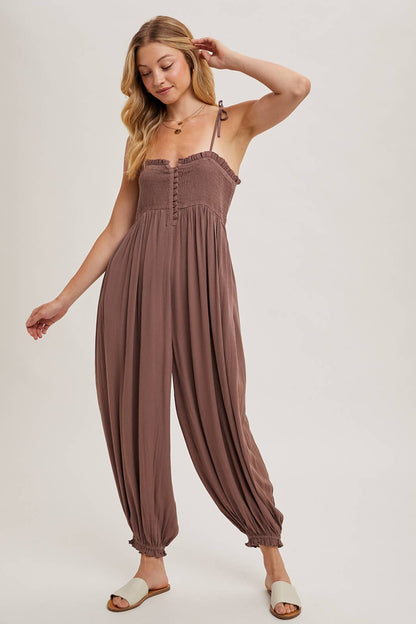 SMOCKED BUTTON FRONT JUMPSUIT