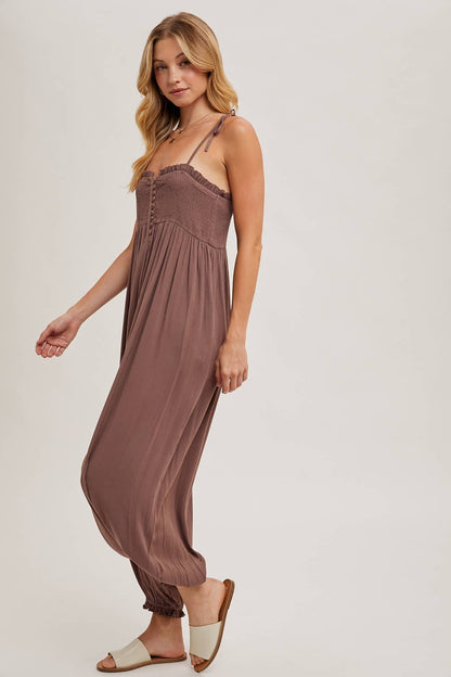 SMOCKED BUTTON FRONT JUMPSUIT